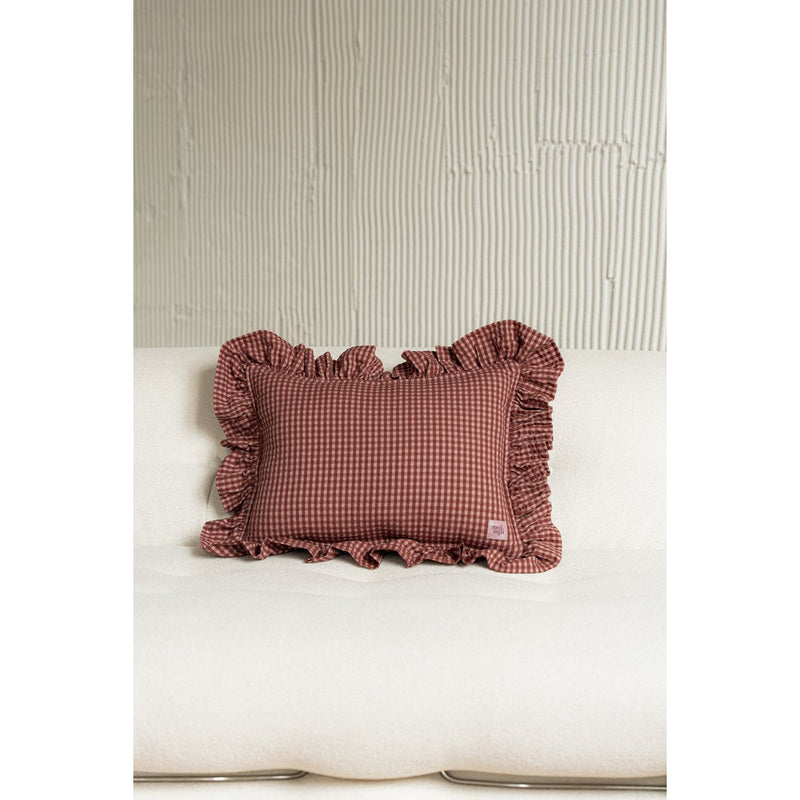 Baumwoll-Rüschenkissen „Raspberry Pink Check“