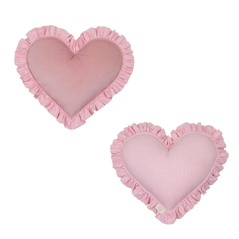 Doppelseitiges Herzkissen „Pastel Pink Check“ mit Rüsche