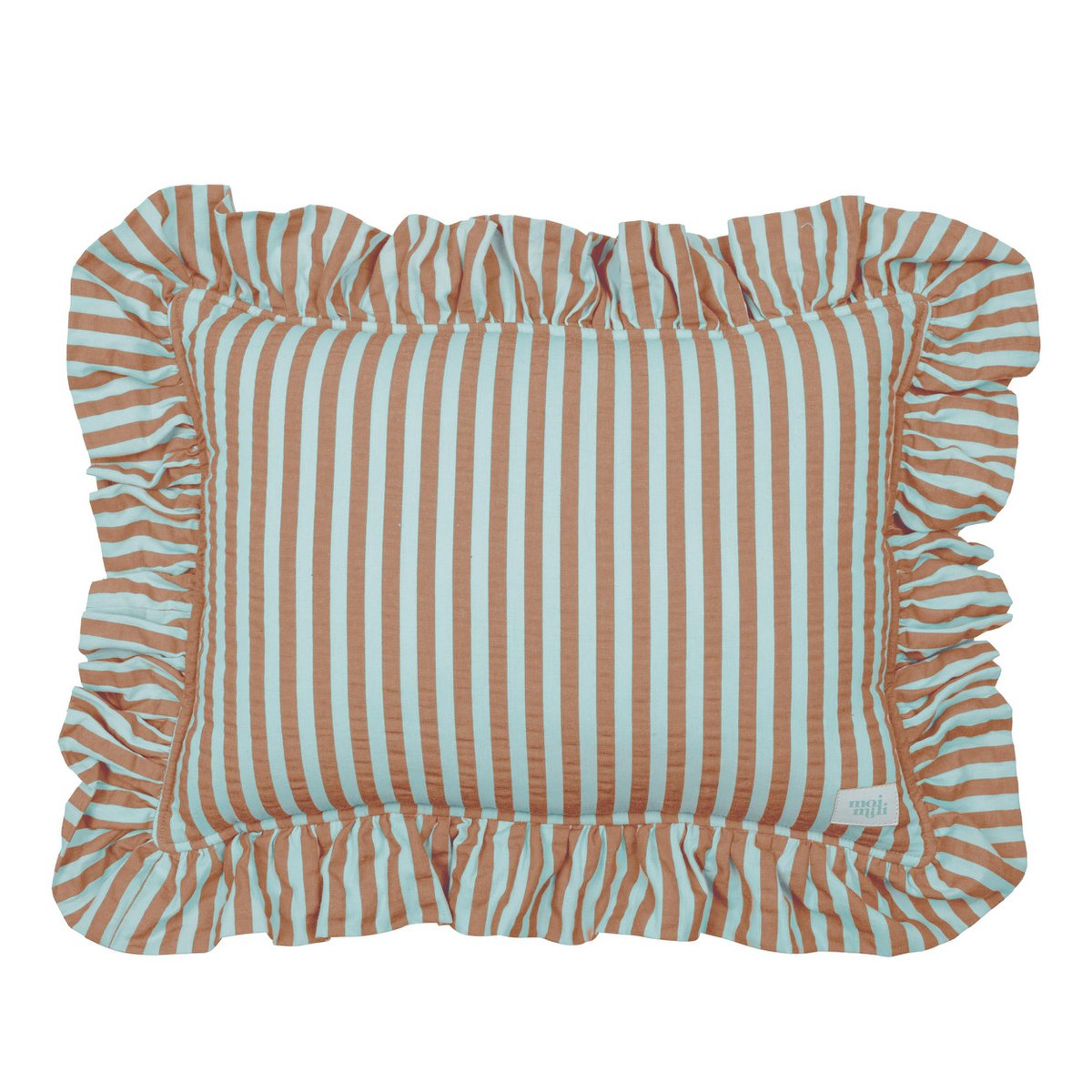 Moi Mili Baumwoll-Rüschenkissen „Blue Brown Stripe“ – Produktansicht