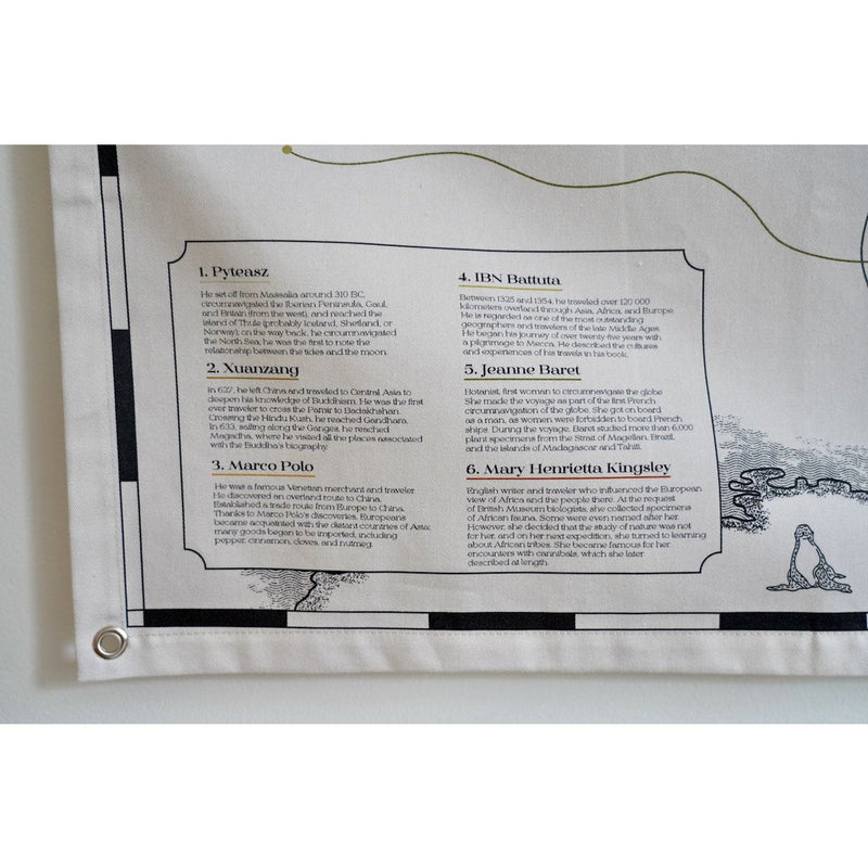 Baumwoll-Weltkarte „Reisende & ihre Wege“ – 142 × 89 cm