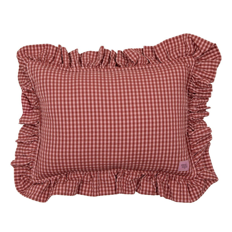 Baumwoll-Rüschenkissen „Raspberry Pink Check“